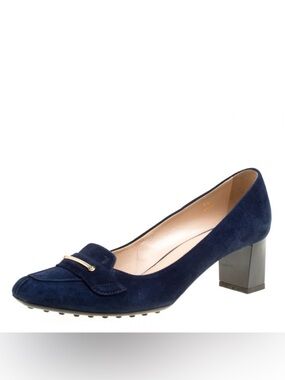 Tod’s Navy Suede Block Heel Loafer Pumps Gold Bar Square Toe Gommino Italy 39.5